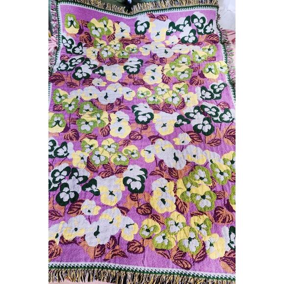 Iconic Purple Pansy Floral Woven Blanket 90s Tapestry Throw 48 in x 74 in Cotton - Picture 3 of 8